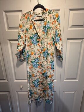 Zara Cream Floral Blouse with Blue & Green Accents